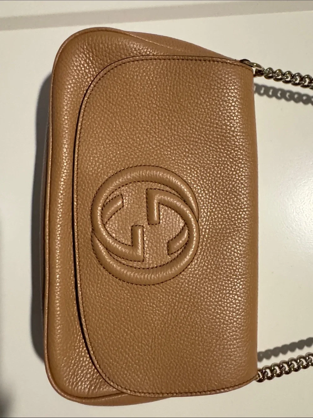 Gucci Tan Pebbled Leather Chain Shoulder Bag with Embossed GG Logo